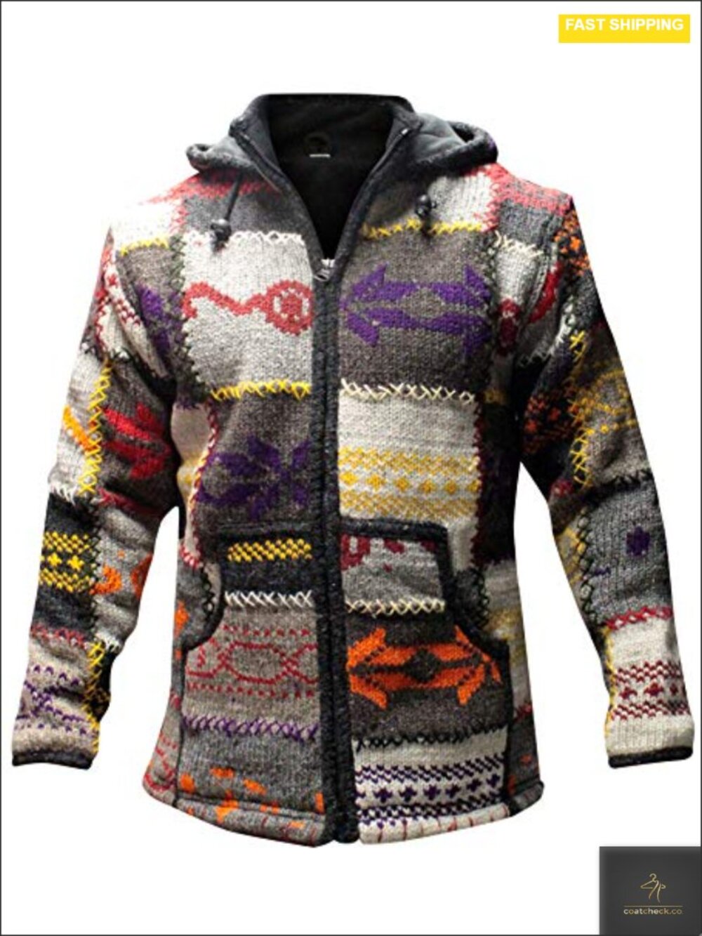 Hooded High Neck Boho Fleece Jacket Patchwork Winter